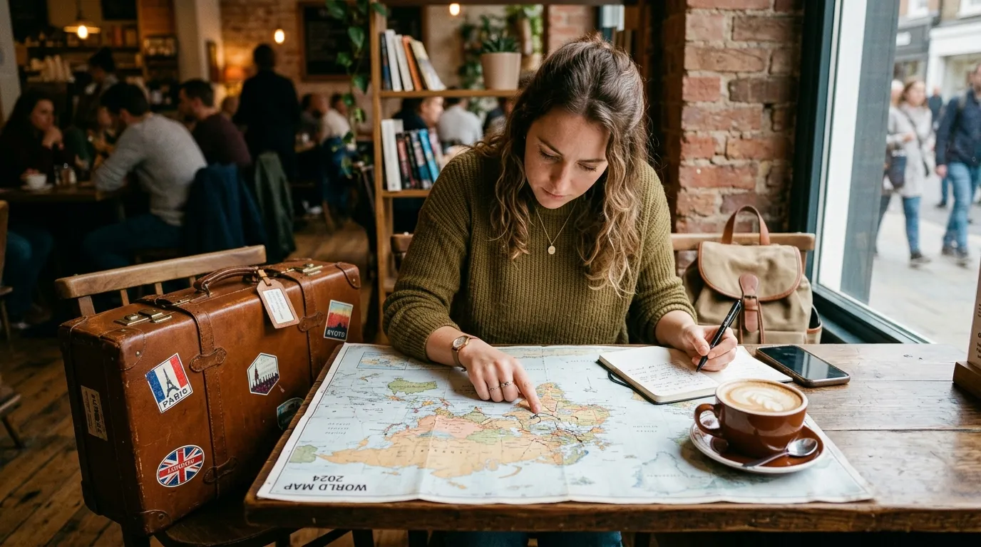 A traveler studying a world map, near a suitcase and a coffee.