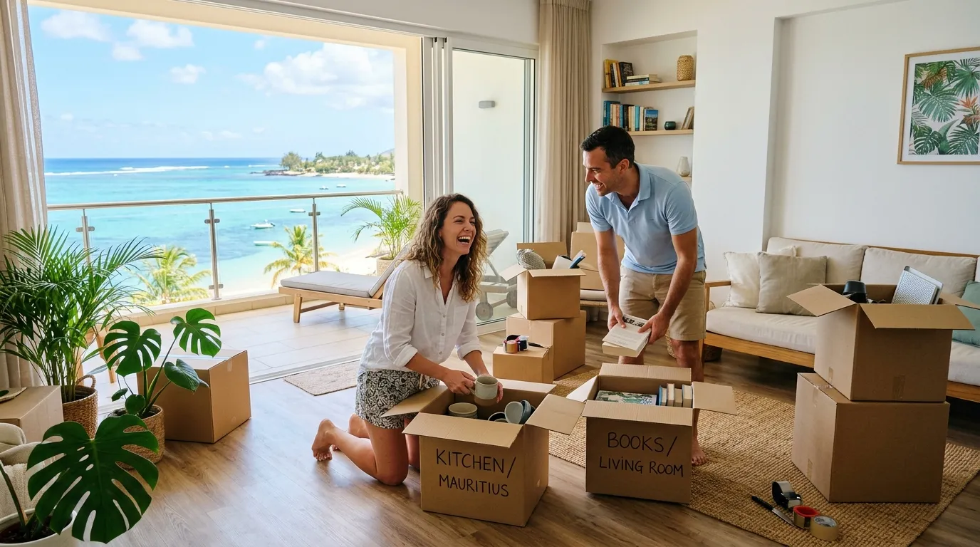 Smiling couple unpacking boxes in a bright seaside apartment in Mauritius.