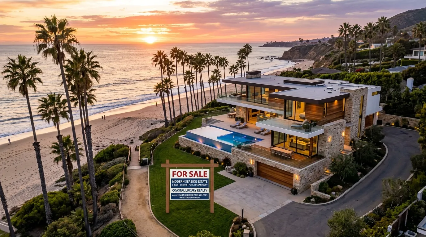 Modern villa by the sea, "For Sale" sign, palm tree beach at sunset.