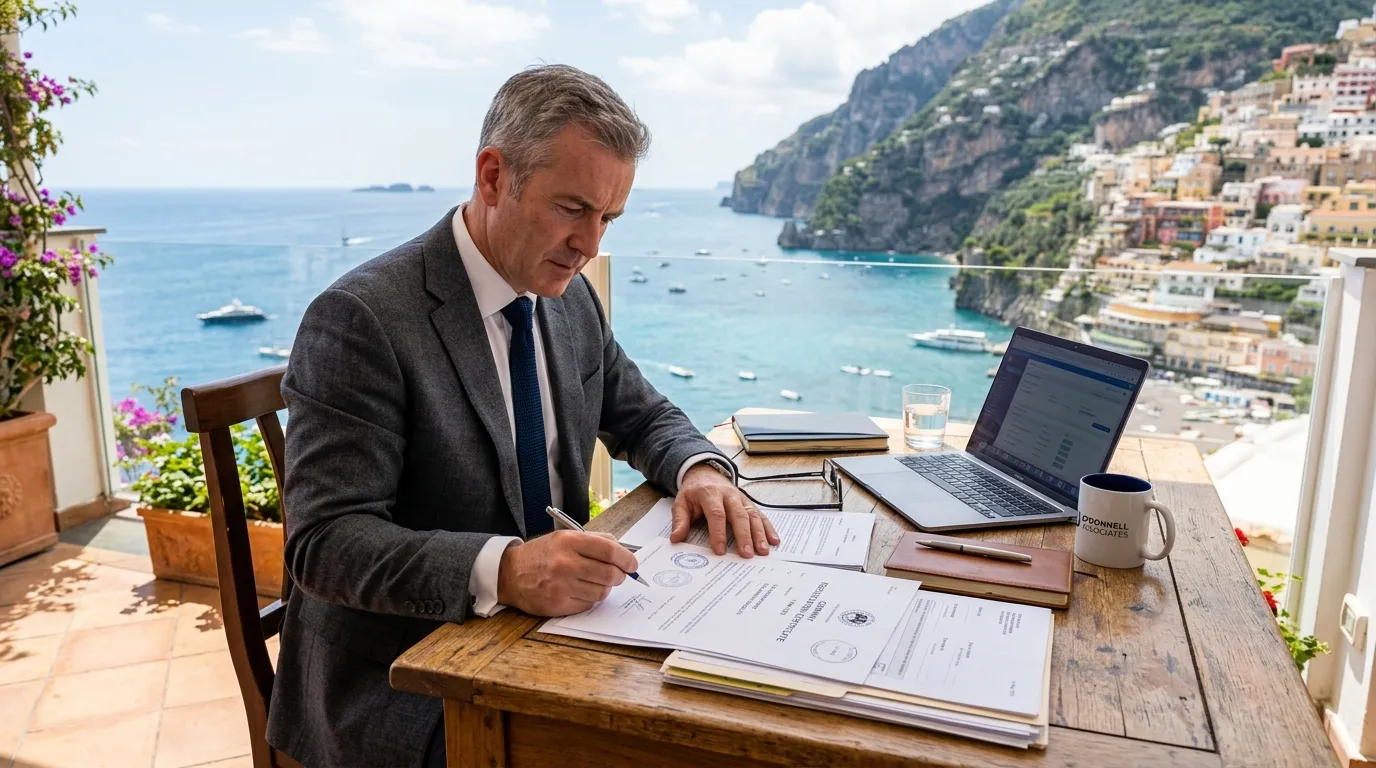Businessman examining registration documents at a sunny desk by the sea.