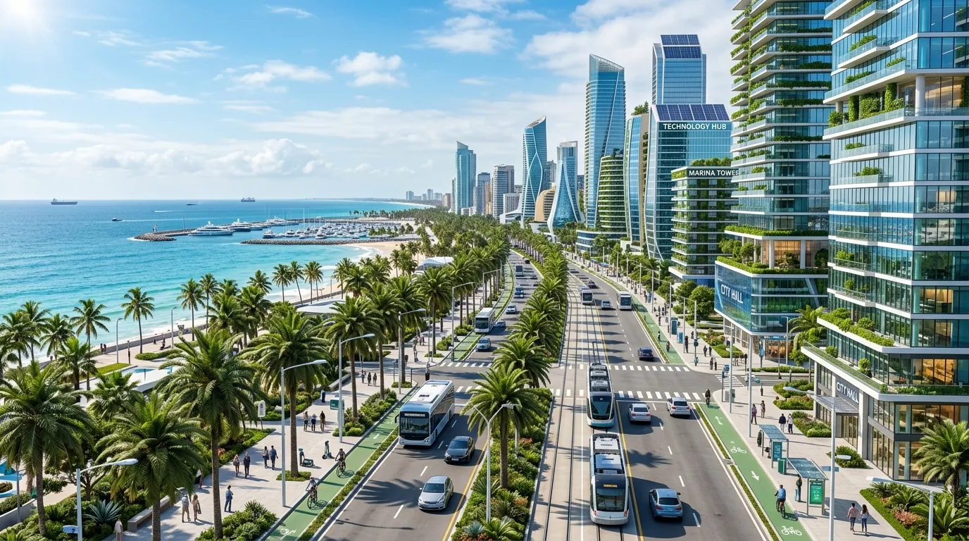 A smart, modern city with palm-lined streets, sleek buildings, and the ocean in the distance.