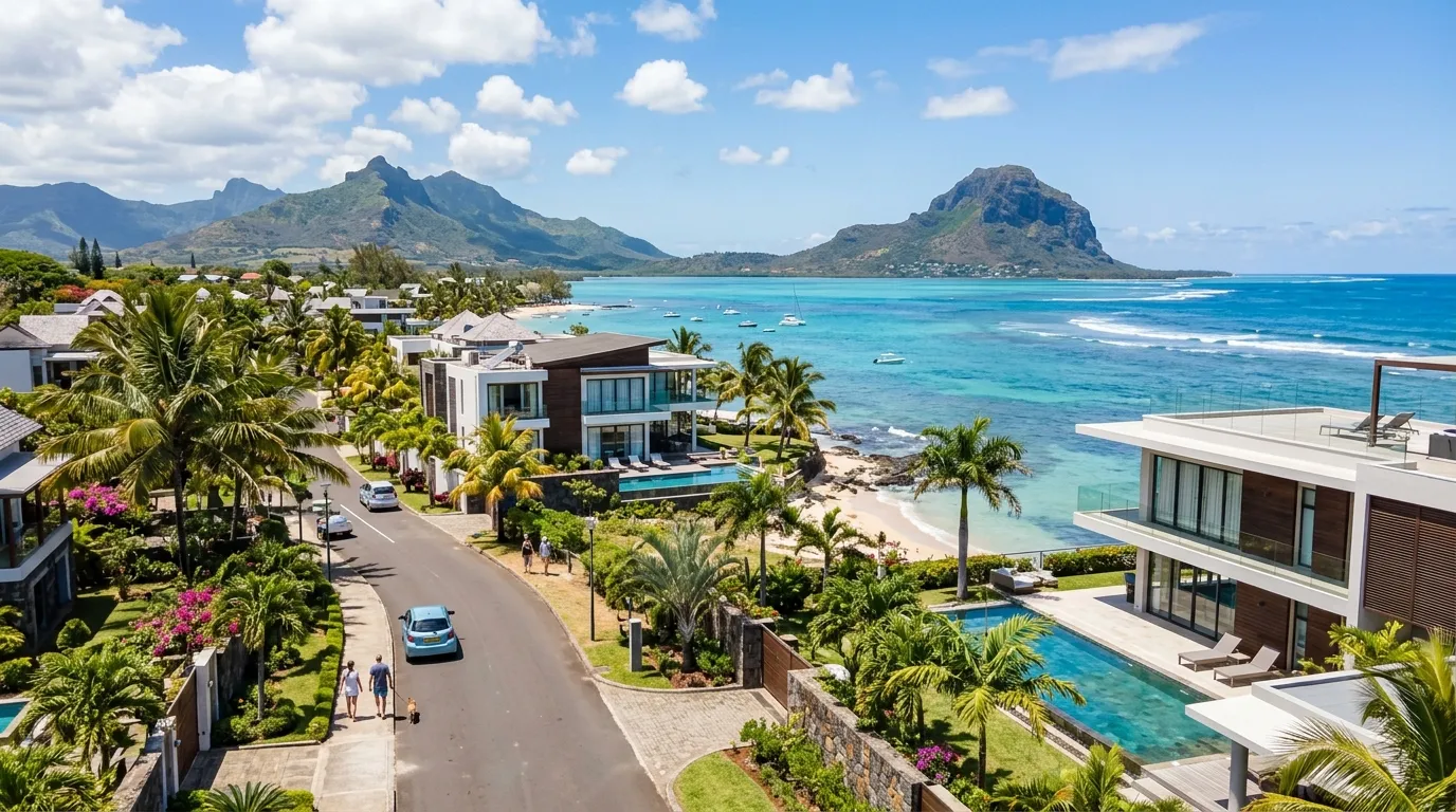 Sunny coastal area of Tamarin, modern villas, palm trees and turquoise sea.