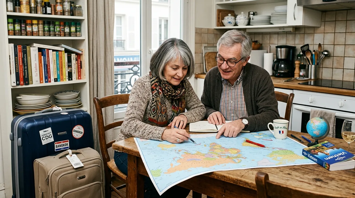 French couple studying a world map, suitcases packed on the table, in expatriate mode.