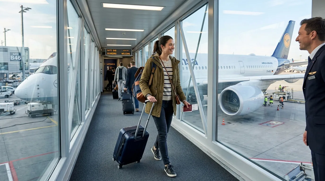 Traveler with suitcase boarding a plane in a modern airport, departure for expatriation.