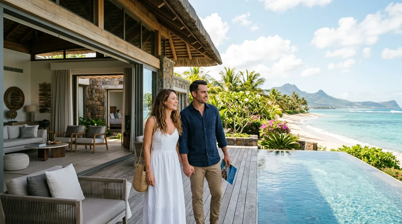 Couple admiring a luxury villa by the sea in Mauritius.