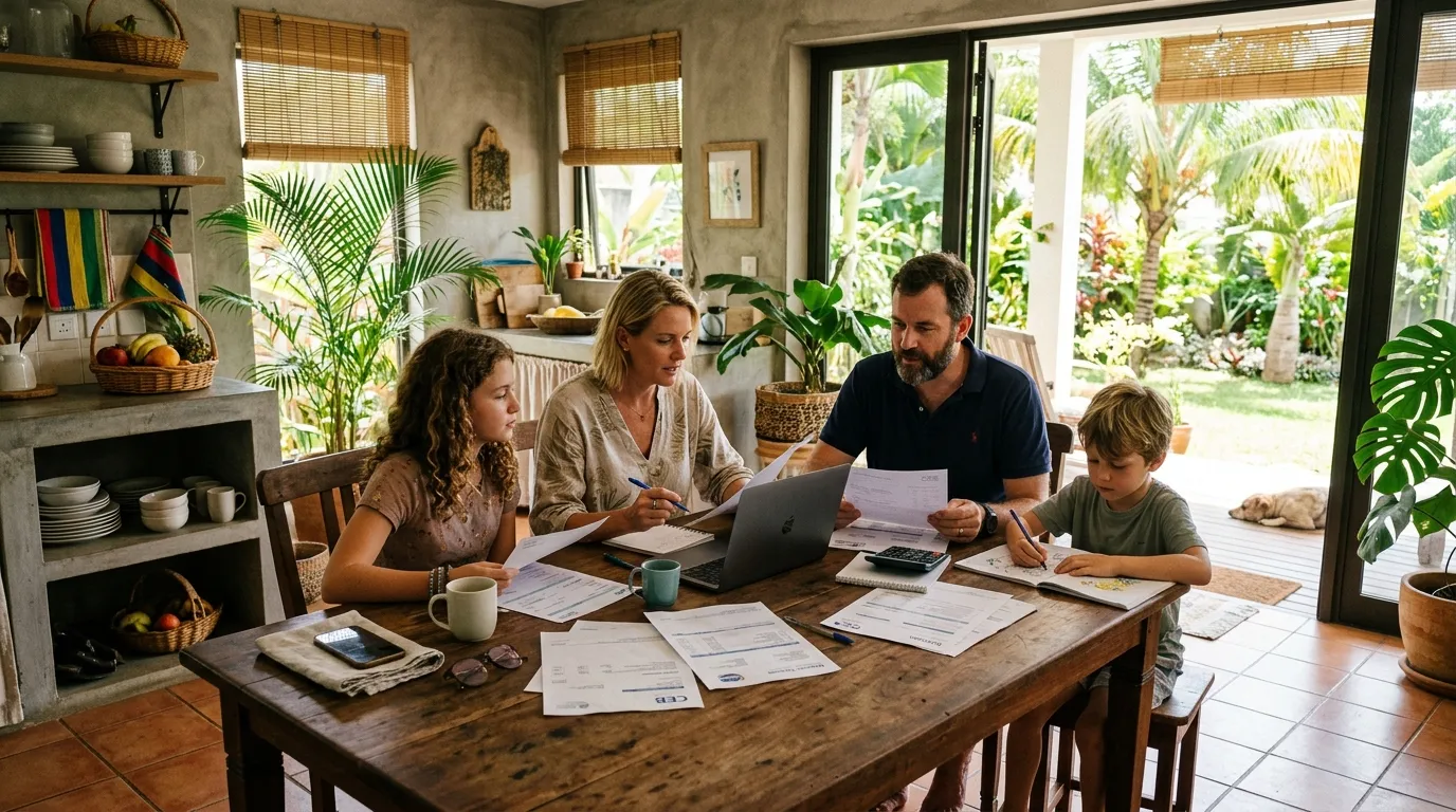 Expat family reviewing bills at the table, Mauritian tropical interior, monthly budget.