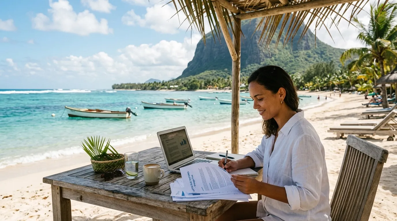 Entrepreneur consulting documents on an office table on a Mauritian beach.