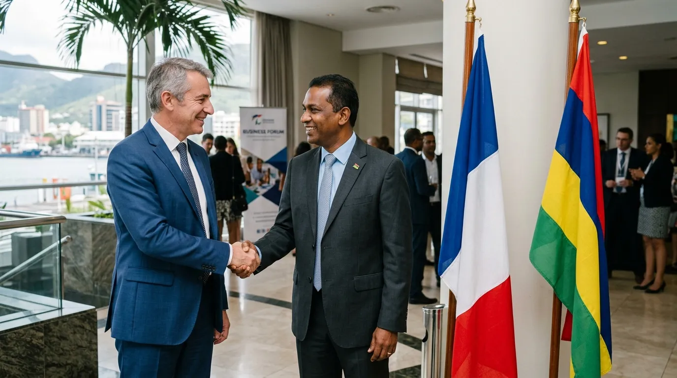 Two businessmen shake hands near the French and Mauritian flags, tax agreement.