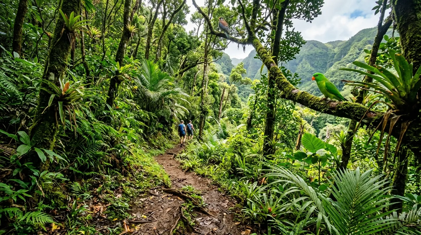 Lush hiking trail in rainforest, with colorful birds and dense vegetation.