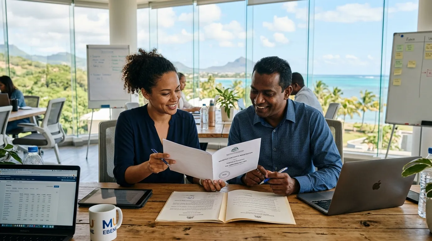 Two entrepreneurs examine registration documents in a bright office in Mauritius.