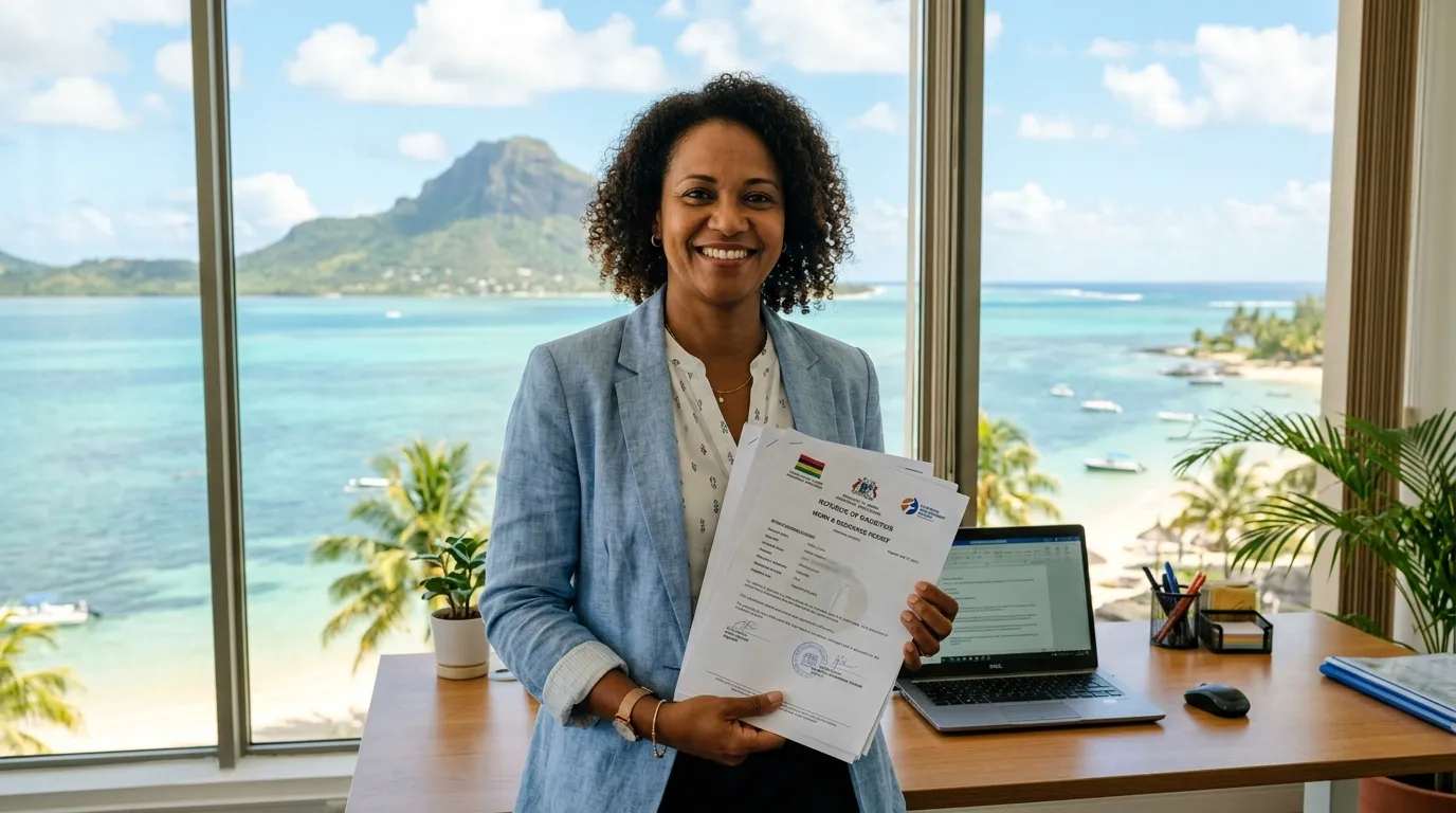 Businessman holding permit documents in a Mauritian office, tropical setting.