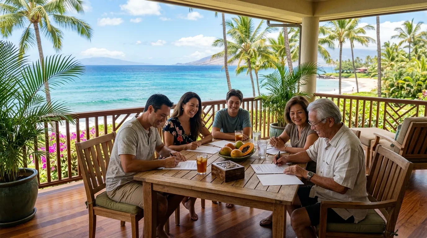 Family signing inheritance documents on a tropical terrace overlooking the ocean.