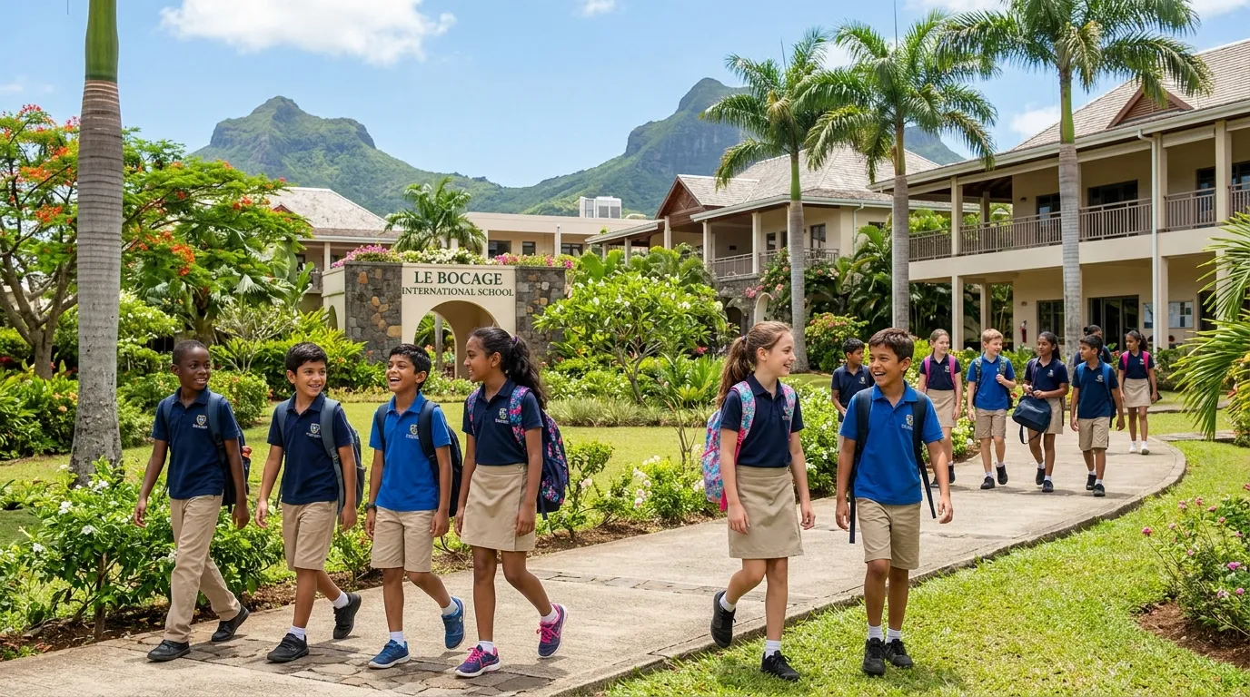 International school campus in Mauritius, students in uniforms walking on a sunny path.