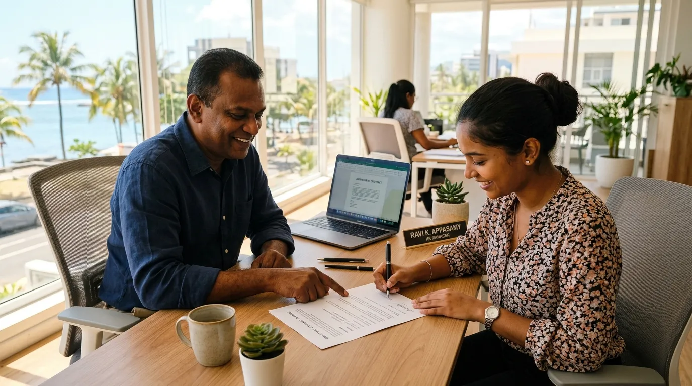 Mauritian employer and employee signing a contract in a bright office.