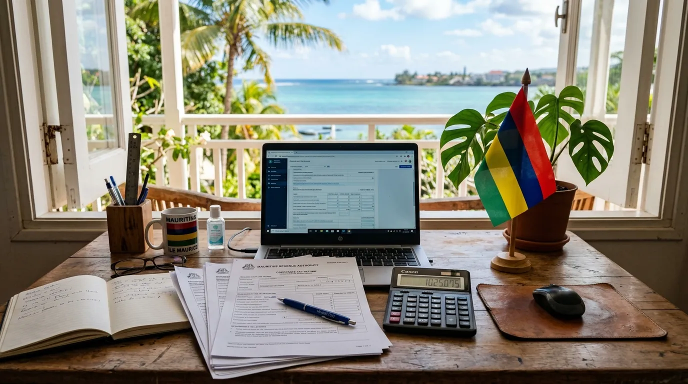 Tropical desk with tax forms, calculator and Mauritian flag on a bright background.