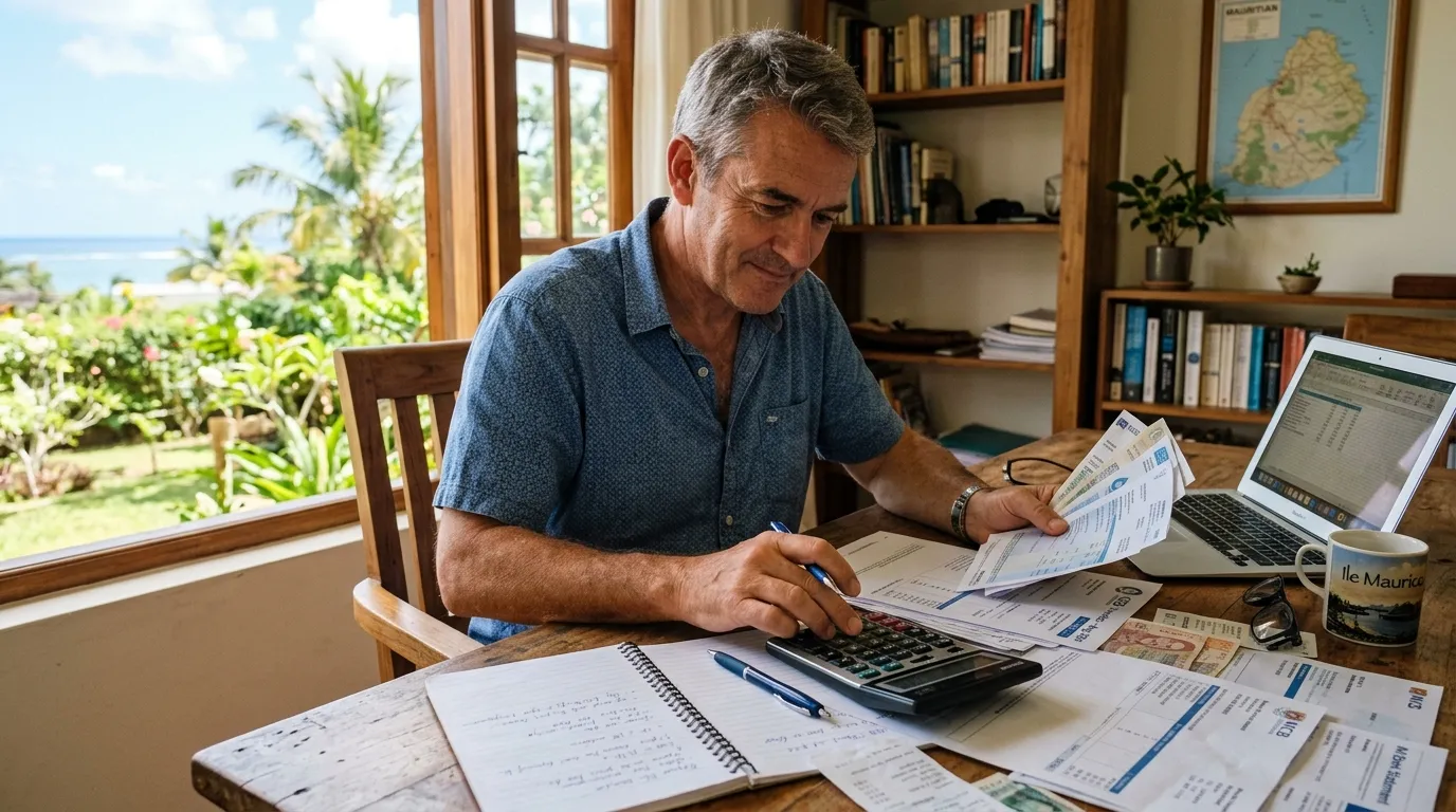 Un espatriato in un ufficio a Mauritius calcola le sue tasse con una calcolatrice.