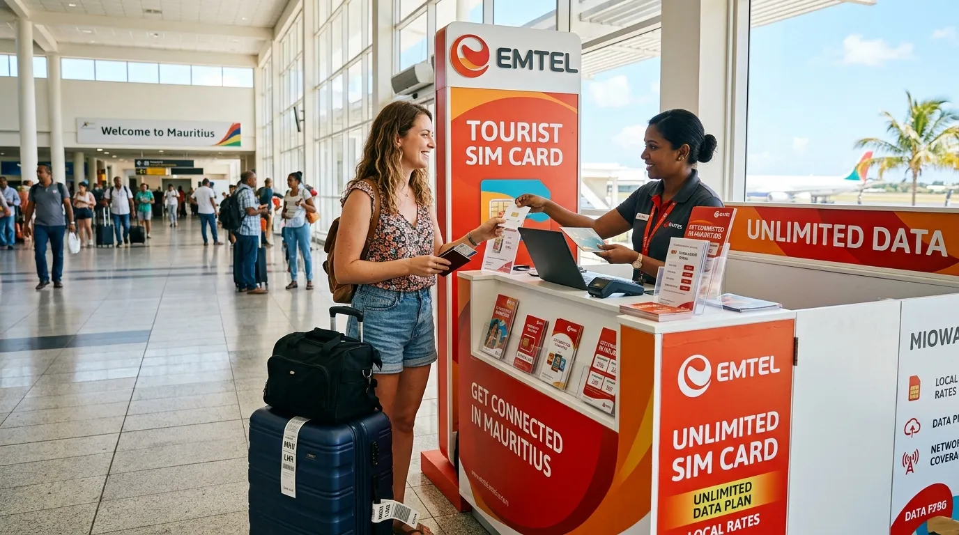 Un viaggiatore acquista una scheda SIM presso un chiosco in un soleggiato aeroporto di Mauritius, con una valigia nelle vicinanze.