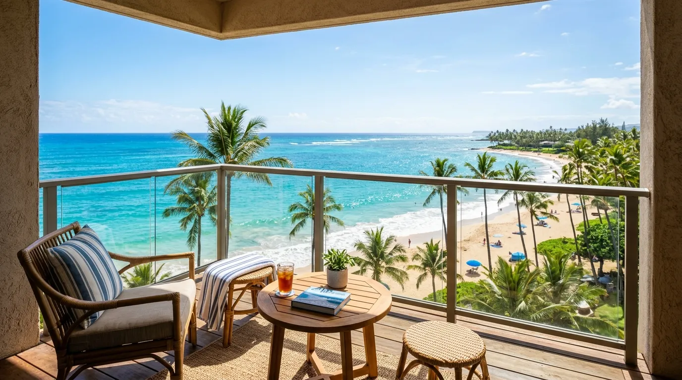 Balcon d’appartement en bord de mer, vue sur eau turquoise et palmiers.