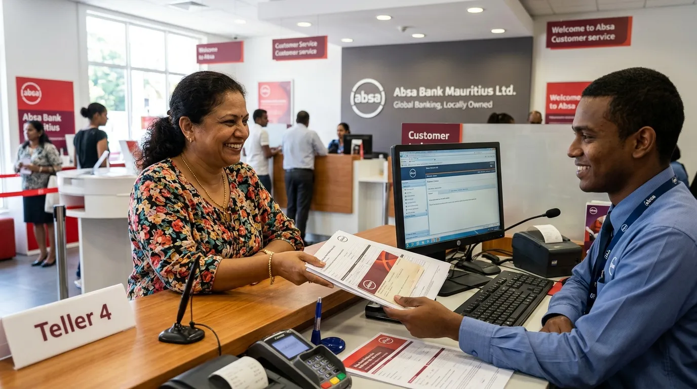 A smiling person at a bank counter in Mauritius, handing documents to a teller.
