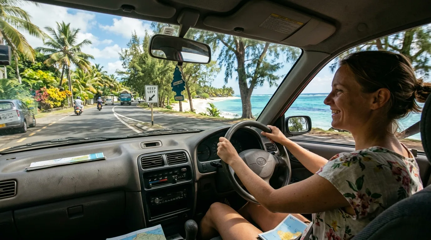 French driver at the wheel on the left of a rental car, Mauritian tropical road.
