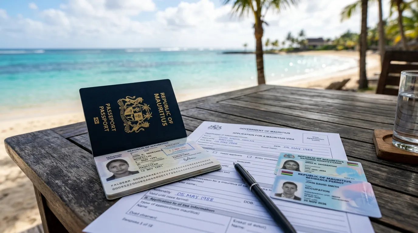 Visa forms next to a Mauritian passport and residence permits on the beach.
