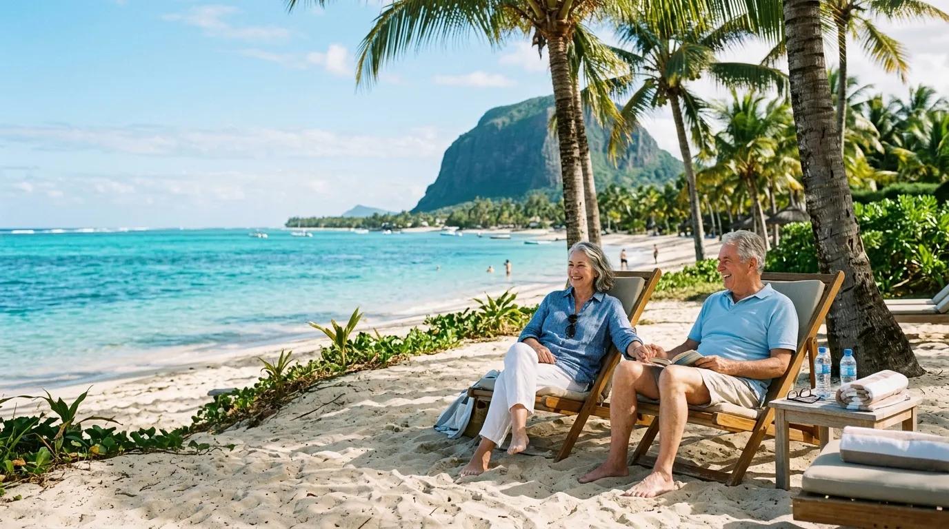 A retired couple relaxes on a Mauritian beach, palm trees and turquoise lagoon.