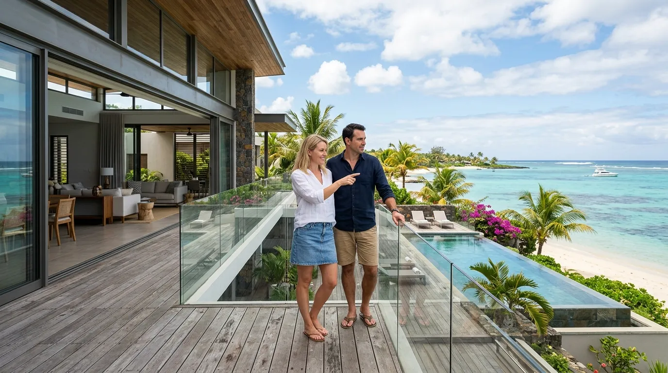Couple observing a modern villa by the sea in Mauritius, natural light.