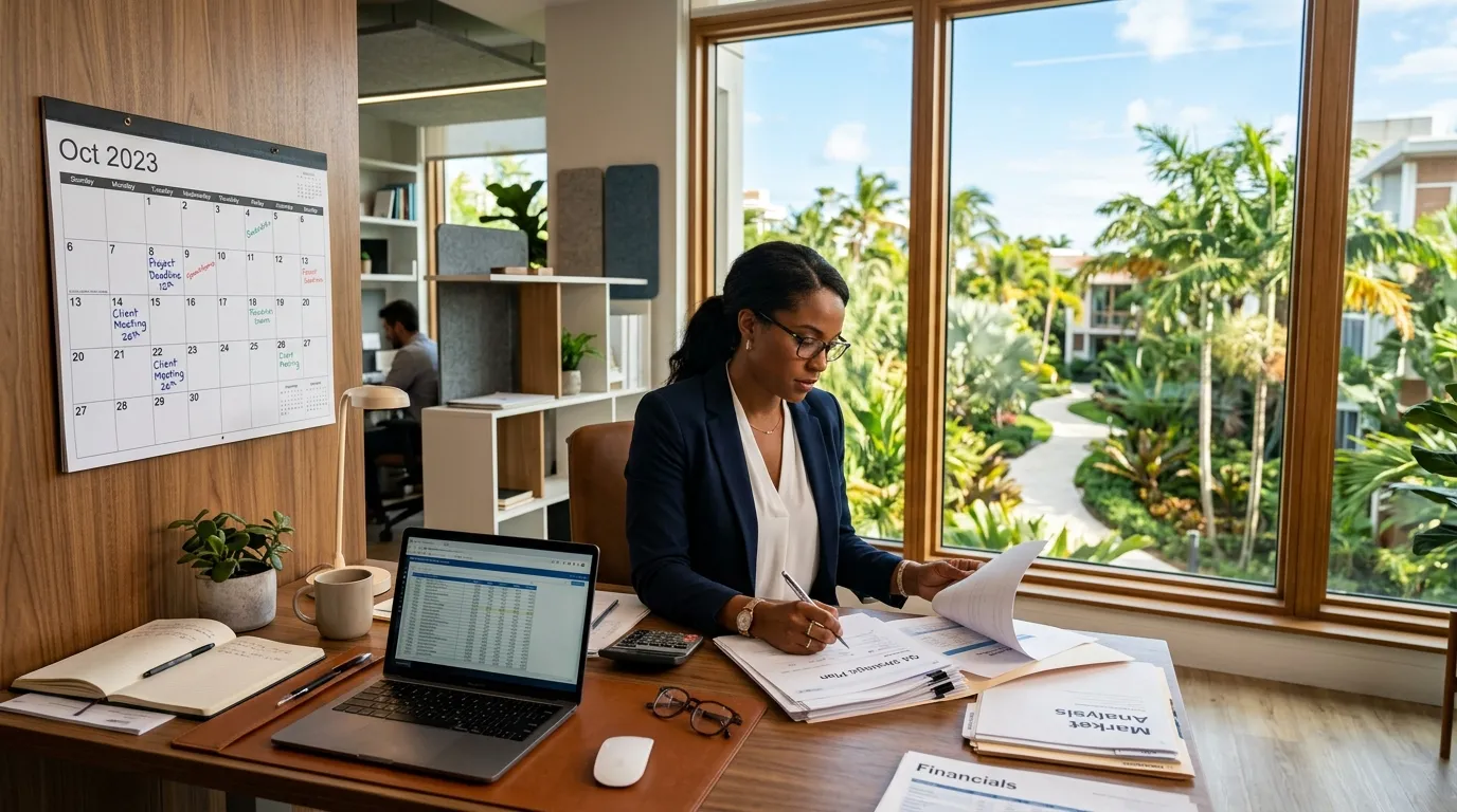 An executive reviewing documents near a calendar and a tropical window.