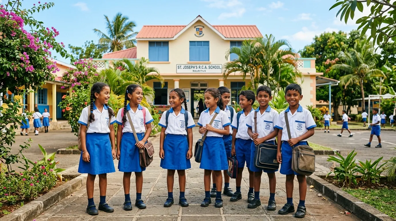 Children in uniform in front of a sunny school in Mauritius, school atmosphere.