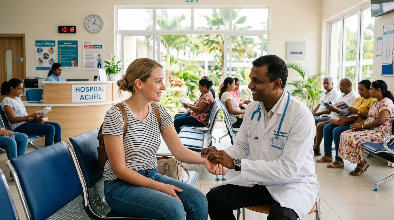 Mauritian doctor examining an expatriate patient in a bright hospital waiting room.