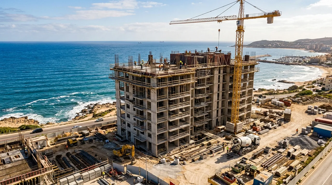 Chantier VEFA côtier ensoleillé avec immeuble d'appartements inachevé et océan.