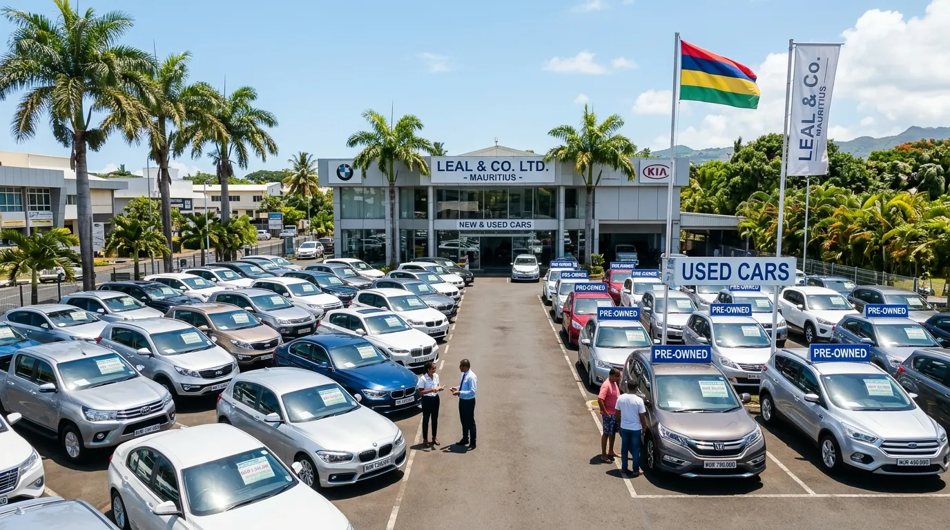 Parc automobile à Maurice avec voitures neuves et d’occasion sous soleil tropical.