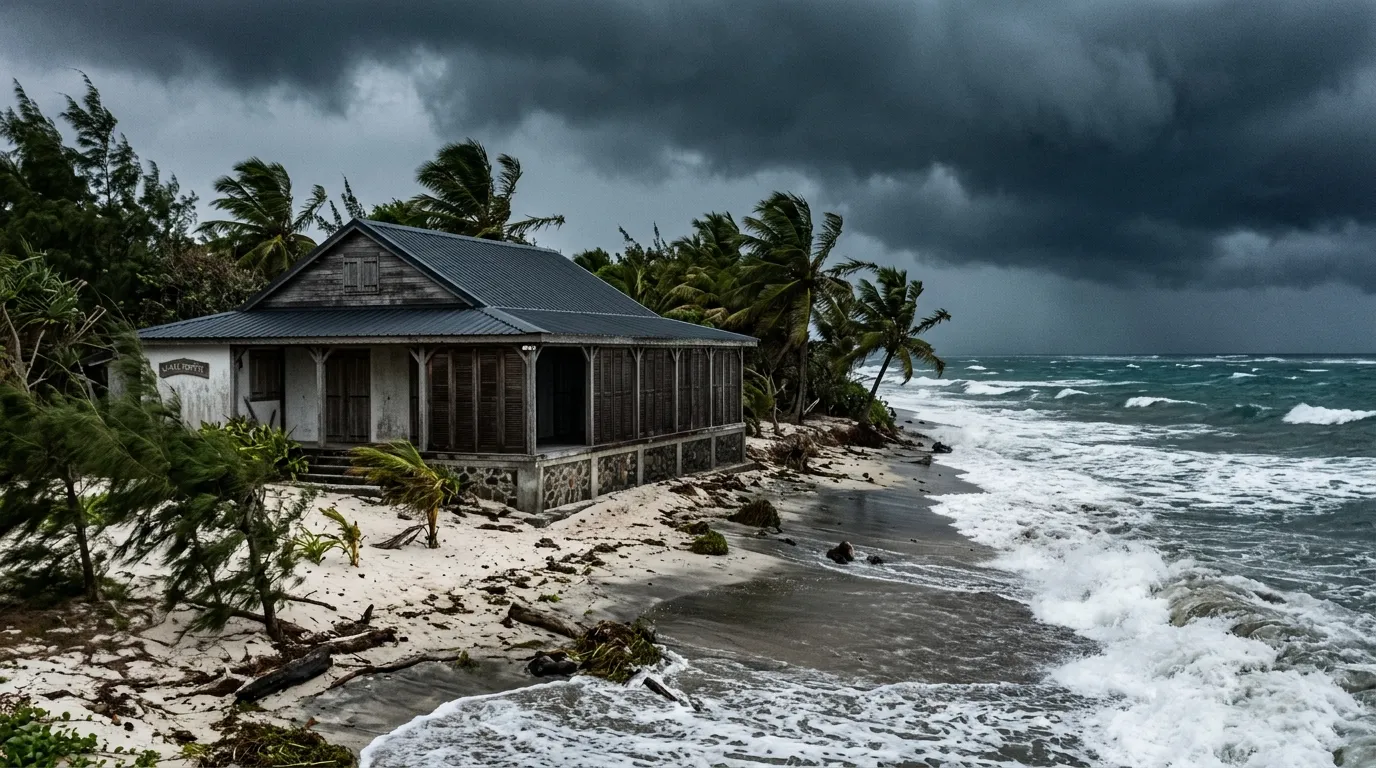 Casa sulla spiaggia alle Mauritius con persiane anti-tempesta sotto le minacciose nuvole cicloniche.