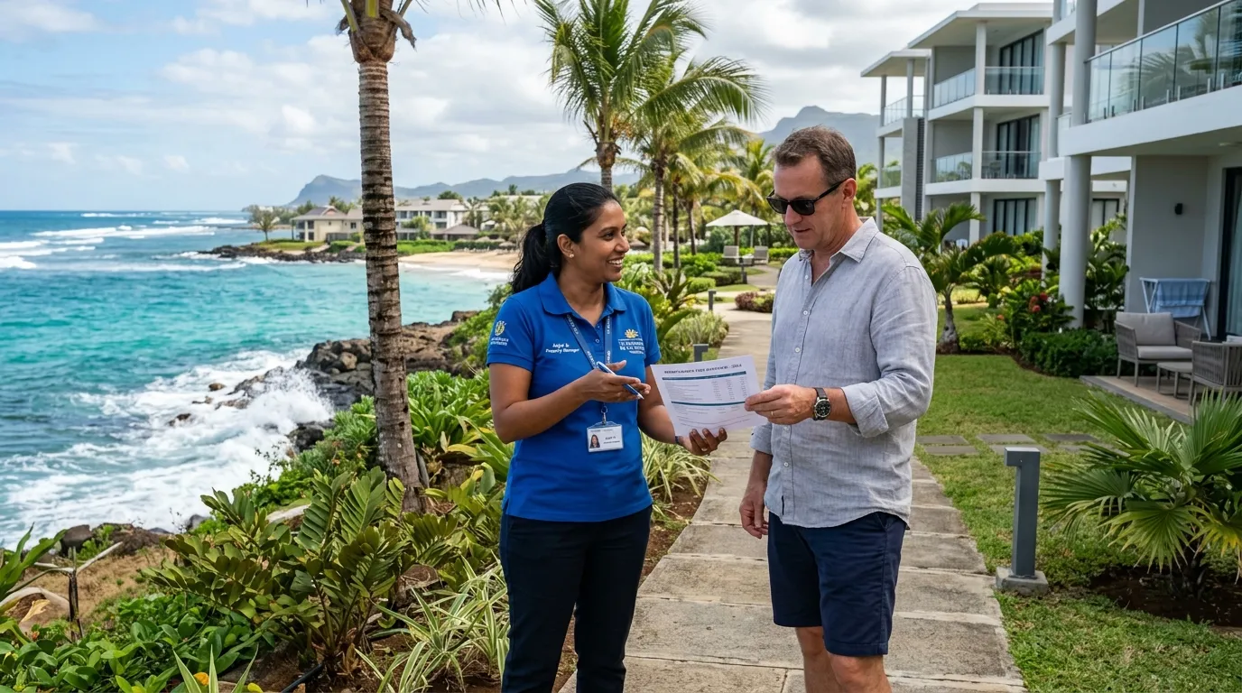 Manager discussing condominium fees in front of a beachfront condominium in Mauritius.