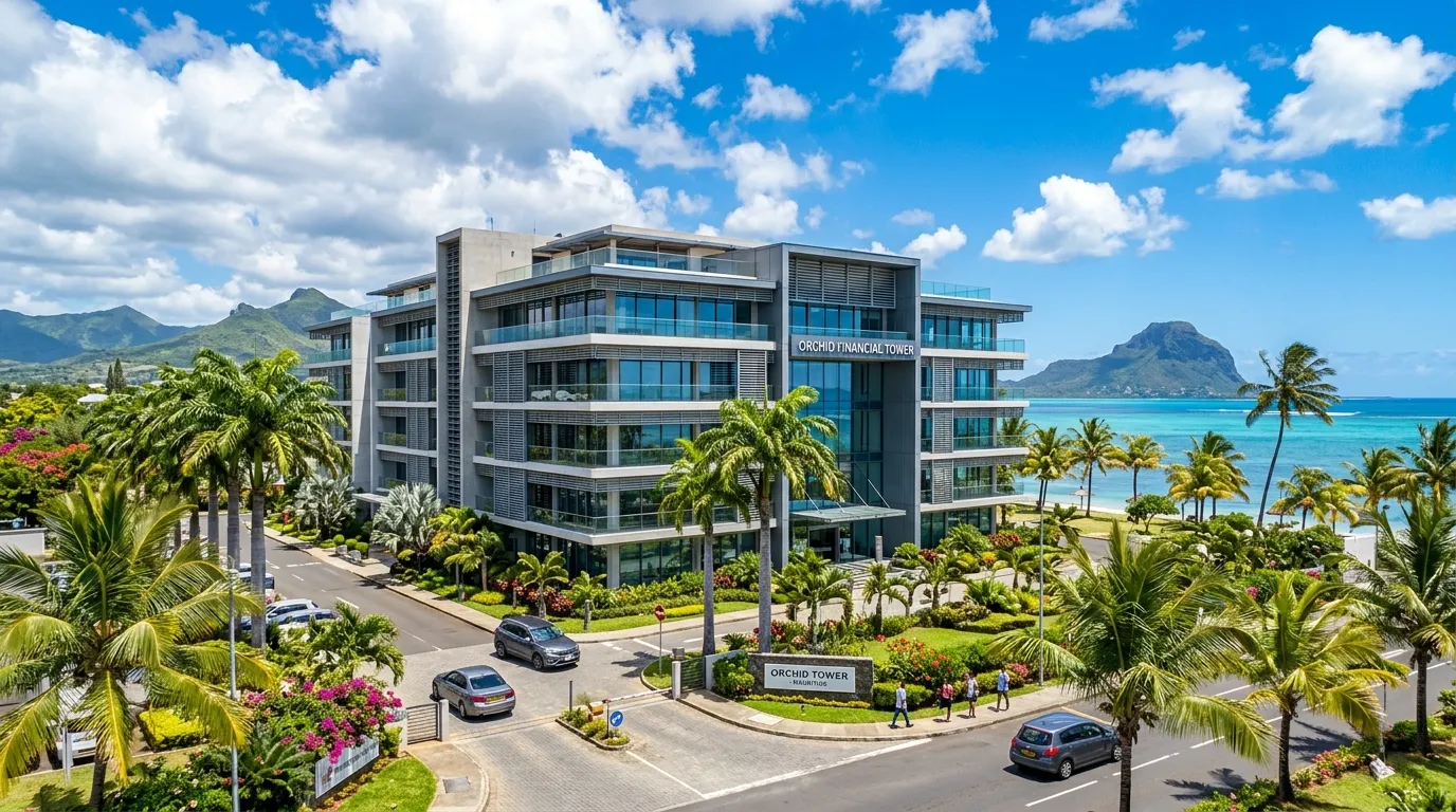 Edificio de oficinas moderno en Mauricio, con palmeras, cielo tropical y domicilio social registrado.