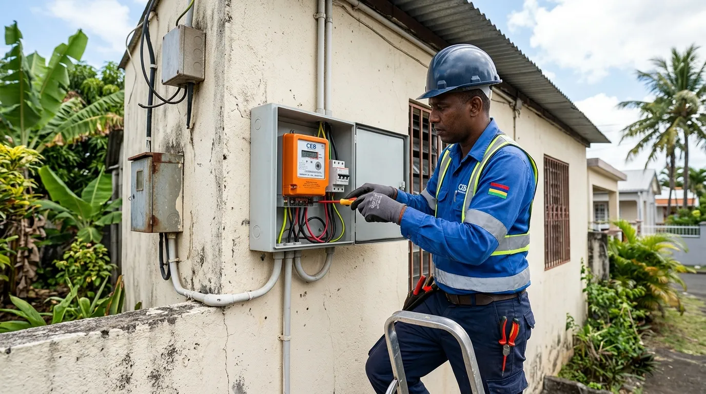 Electricista en Mauricio conectando un contador de CEB a la pared, a plena luz del día.