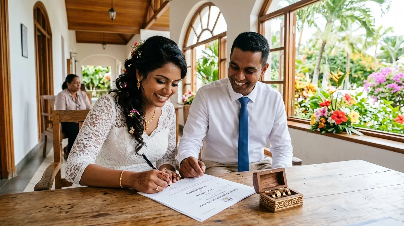 Coppia mauriziana firma i documenti del matrimonio, si scambiano le fedi nuziali, in un'atmosfera da corte tropicale.