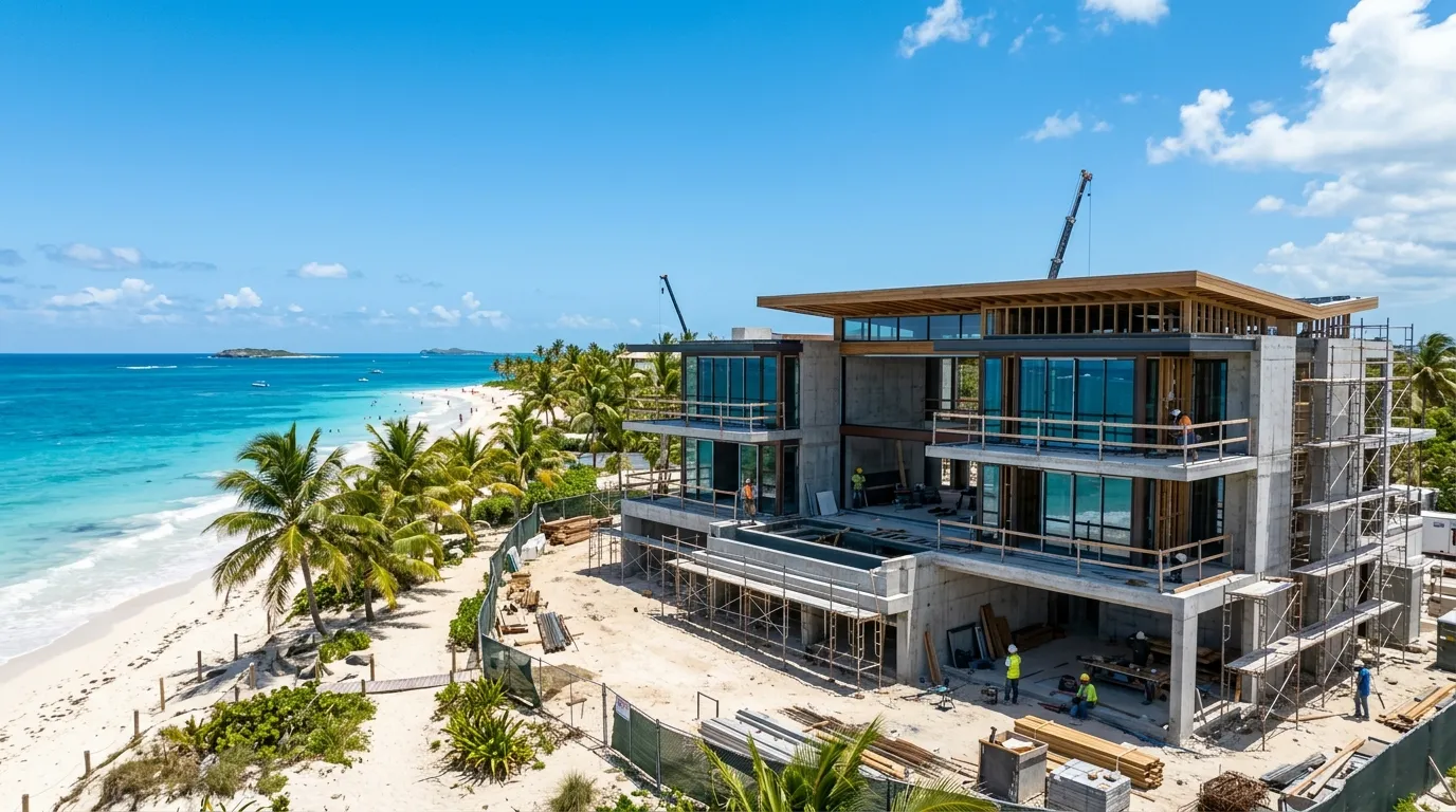 Villa moderna in costruzione vicino a una spiaggia tropicale, palme e cielo azzurro.