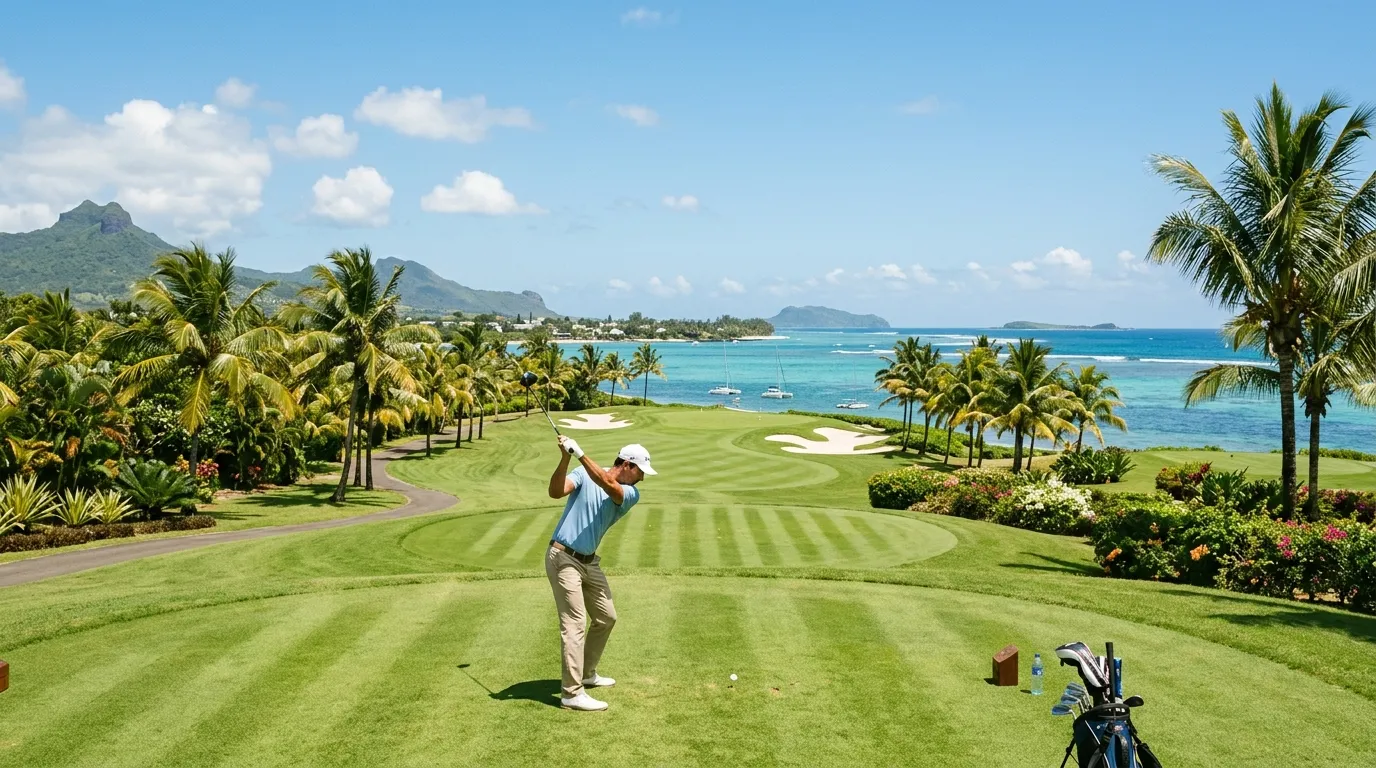 Golfer teeing off on a Mauritian golf course lined with palm trees.