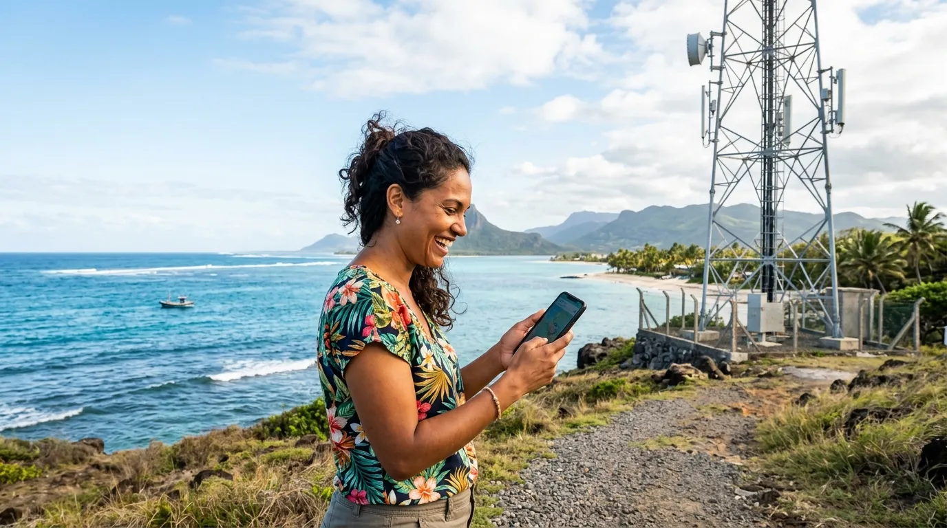 Mauritian woman using a smartphone near a coastal telecom tower, in broad daylight.