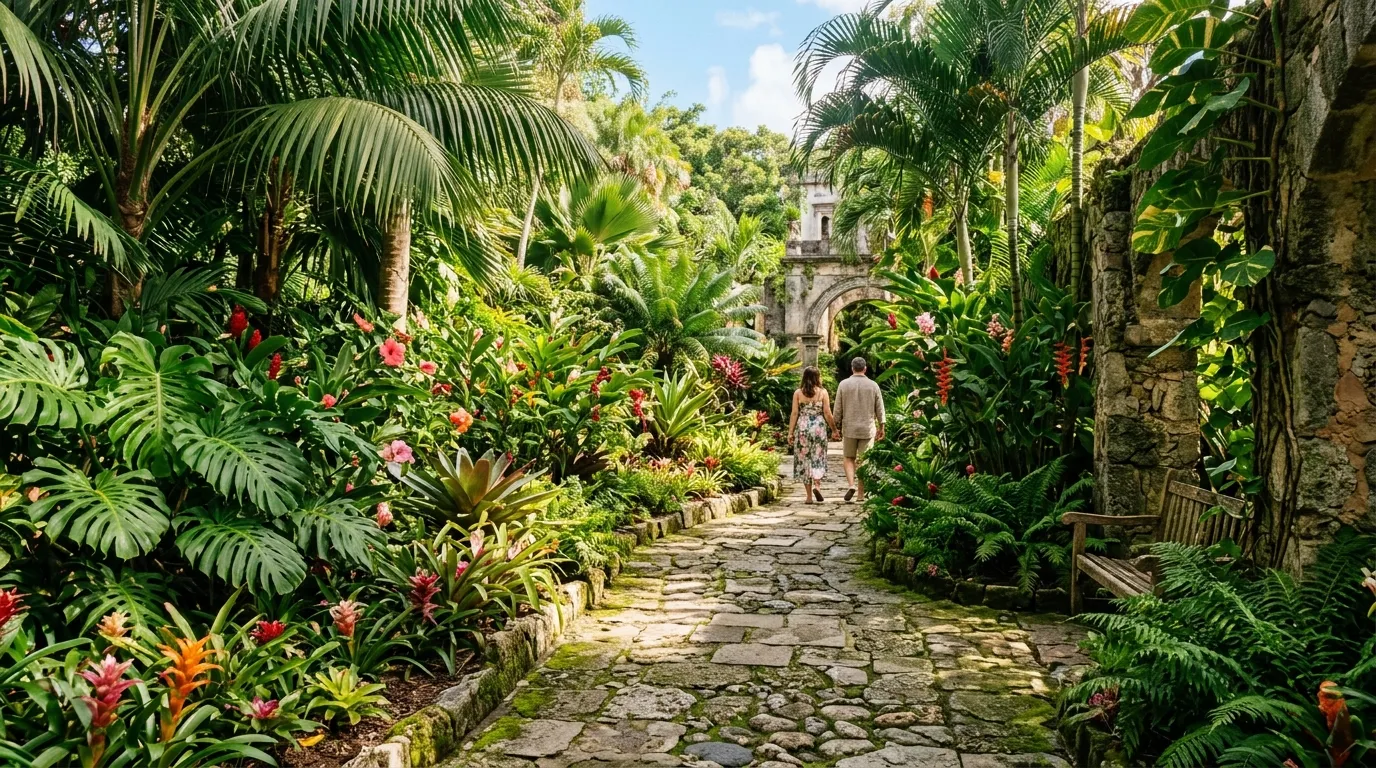 Lush tropical garden with exotic plants and sunny historic stone walkway.