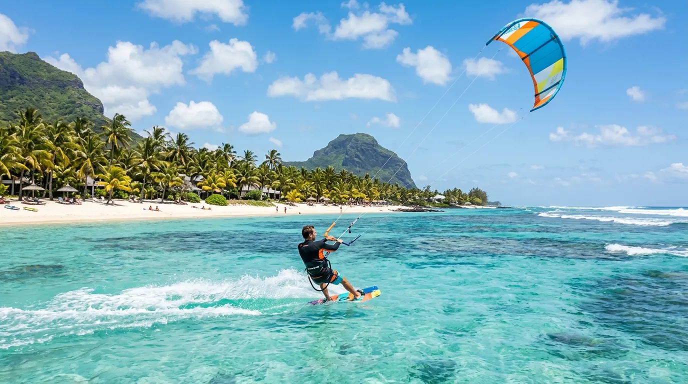 Kitesurfer gliding on turquoise water near a sunny beach in Mauritius, palm trees.