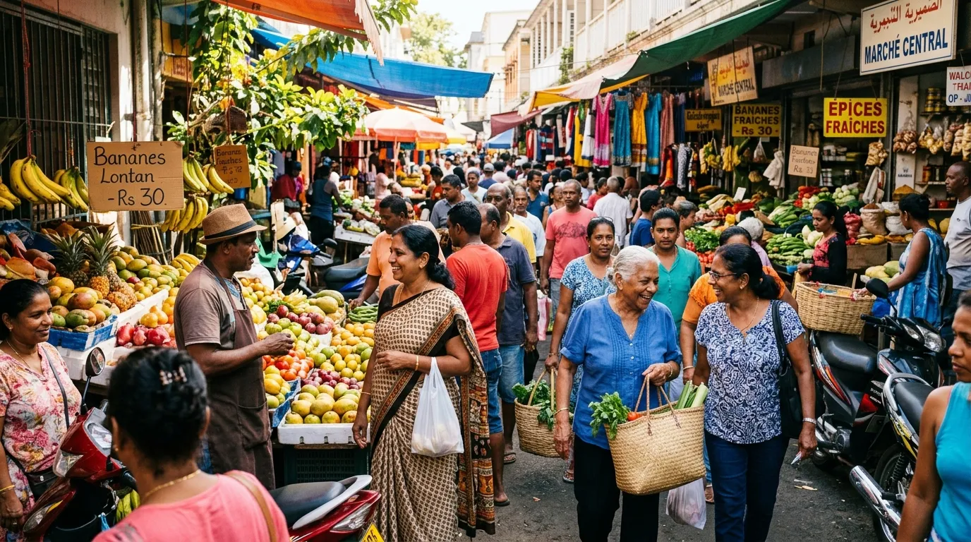 A bustling Mauritian market, locals chatting under the tropical sun, in French and English.