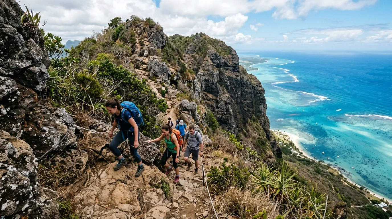 Hikers climbing Le Morne Brabant, steep cliffs and views of the turquoise ocean.
