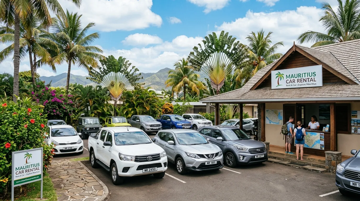 Car rental agency in Mauritius, cars parked under tropical palm trees.