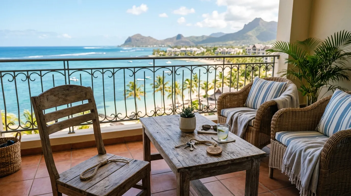 Sunny apartment balcony on the Mauritian coast, rental keys on the table.