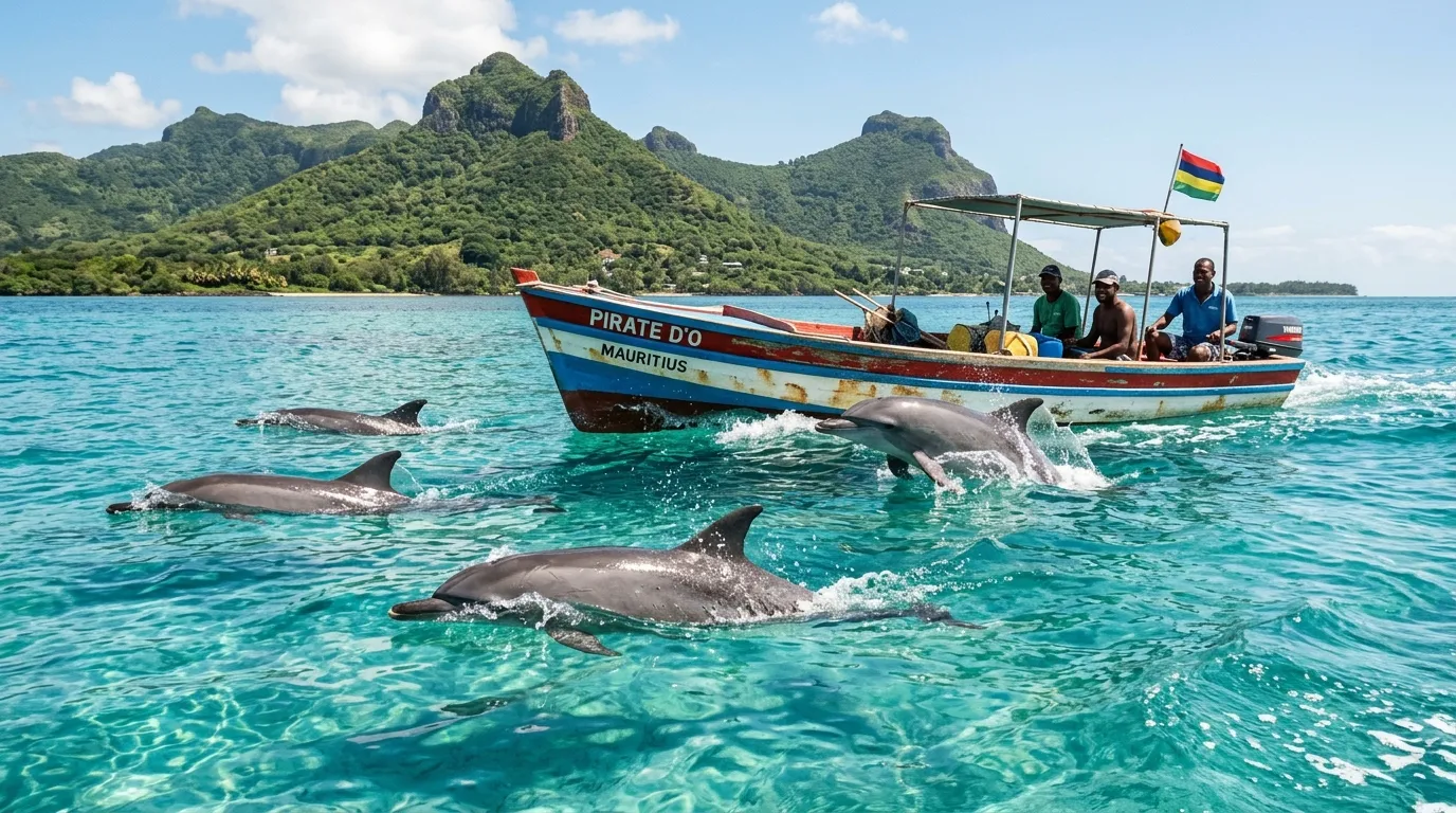 Dolphins swimming near a Mauritian boat in crystal-clear tropical water.