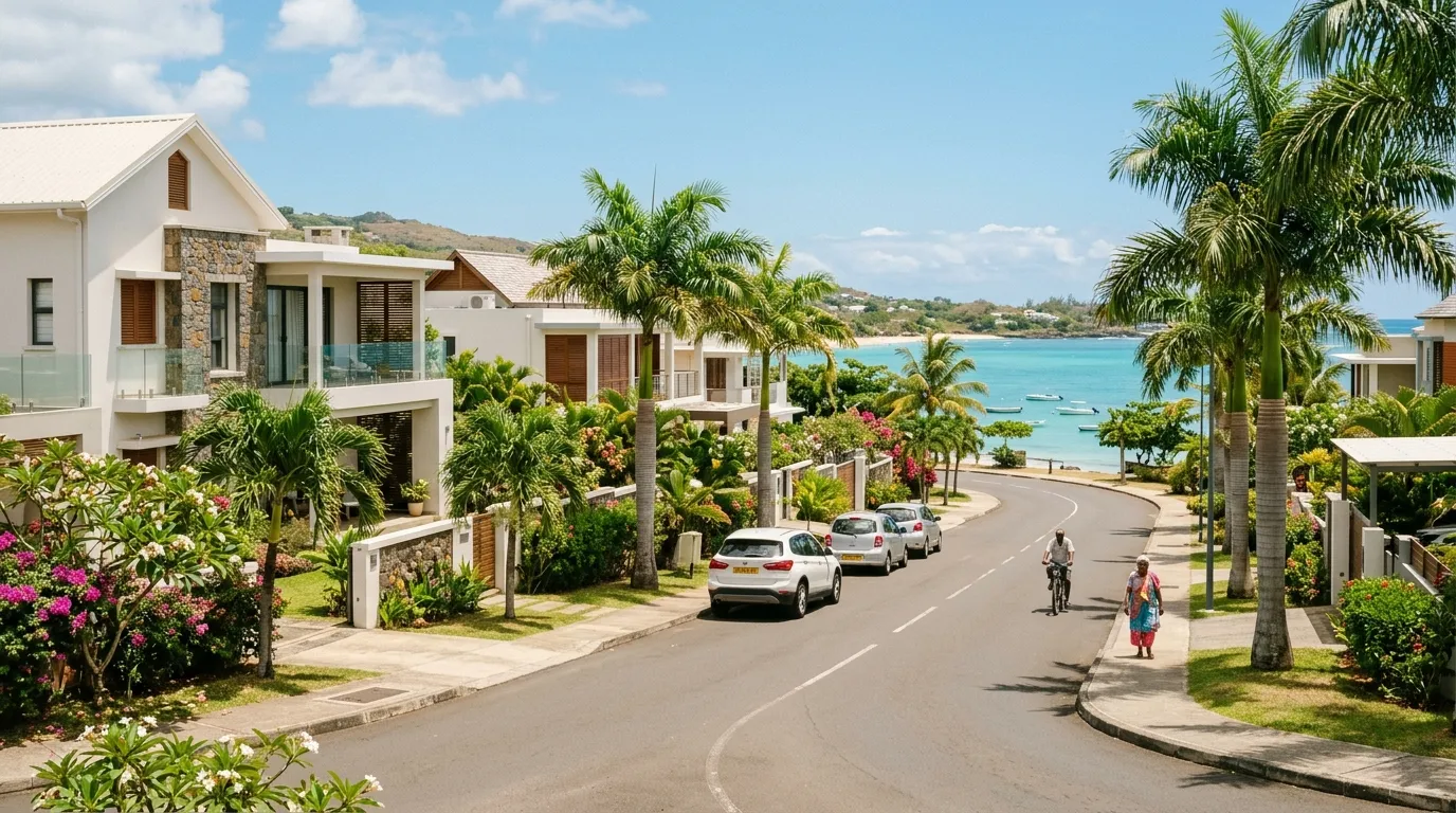 Sunny coastal area in Mauritius, modern houses, palm trees and quiet road.