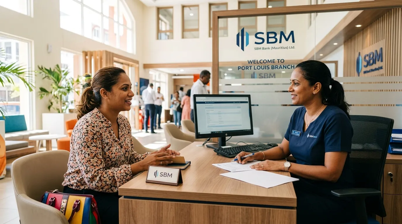 A person is talking to a banker in a brightly lit bank branch in Mauritius.