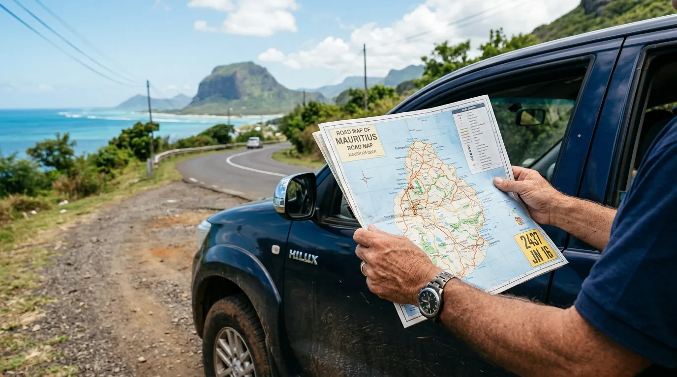 Hands of a driver holding a Mauritian road map near a parked car.